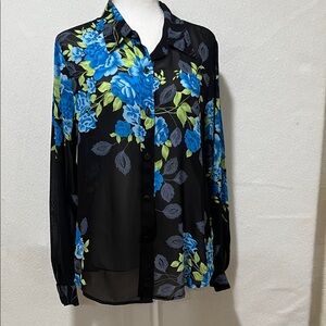 Karen Kane Black Blouse with Blue Floral Design